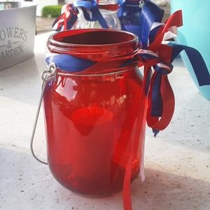 HAND MADE PATRIOTIC CANDLE AND HOLDER